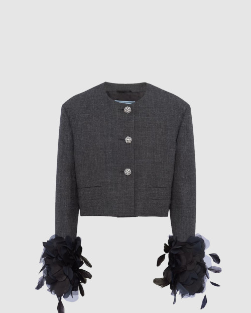 [PRADA-프라다]페더 트리밍 싱글 브레스티드 울 재킷 P521OR